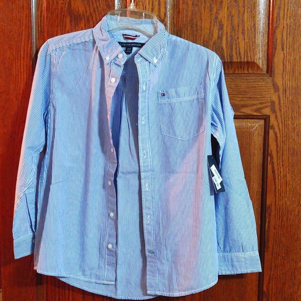 Boy's Blue and White Pinstripe Tommy Hilfiger Shirt, Size Large (16-18)